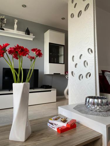 una sala de estar con un jarrón blanco con flores rojas en Comfortable Apartament en Katowice