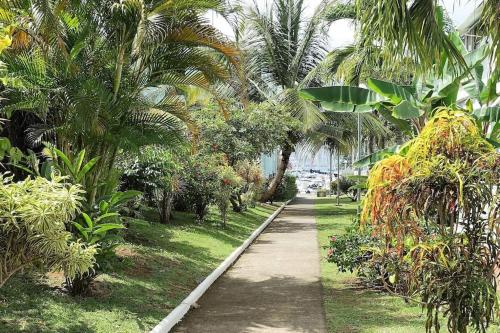 a walking path with palm trees on the side at Studio Marina pointe du bout vue sur le port in Les Trois-Îlets