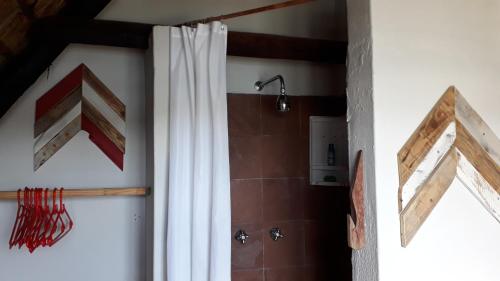 a bathroom with a white shower curtain and a wall at StarFish Accommodation in Struisbaai