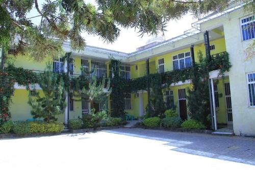 a large yellow building with ivy on it at Avi Guest House in Addis Ababa
