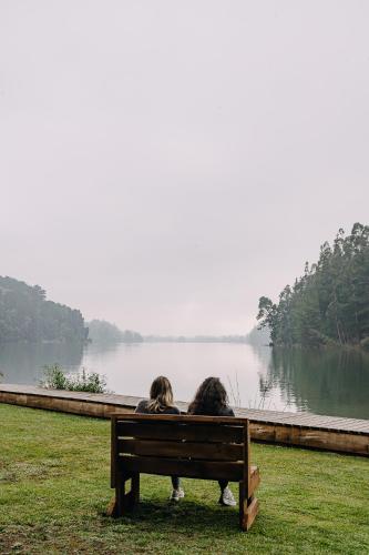 two people sitting on a bench looking at a lake at Pura Lodge in Concepción