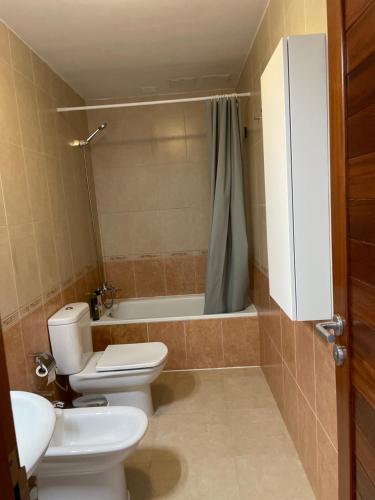 uma casa de banho com um WC, um lavatório e uma banheira em Increíble apartamento en pleno centro de Arrecife em Arrecife