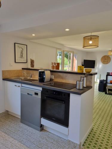 a kitchen with a sink and a counter top at La Fruitière in Chaudenay