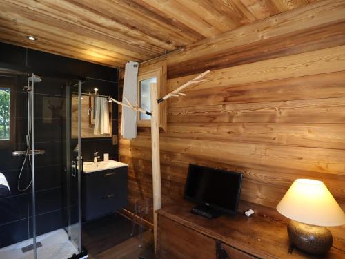 La salle de bains est pourvue d'une télévision et de murs en bois. dans l'établissement Appartement de Standing aux Gets - 2 Ch, 6 Couchages, Proche Centre et Pistes - FR-1-623-94, aux Gets