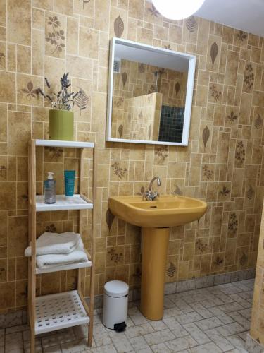 a bathroom with a yellow sink and a mirror at La Fruitière in Chaudenay