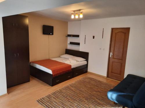 een kleine slaapkamer met een bed en een stoel bij Studio Furnica Sinaia in Sinaia