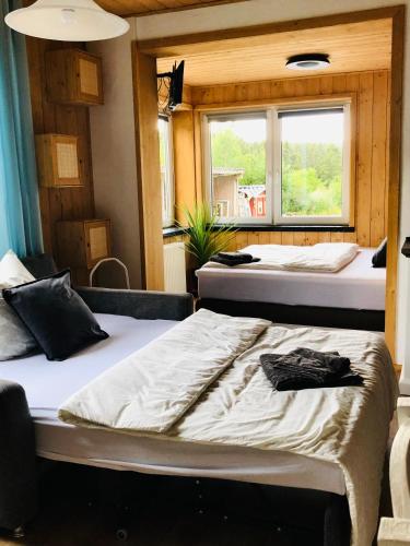 2 camas en una habitación con ventana en Ruhige Ferienwohnung direkt am Rennsteig en Igelshieb