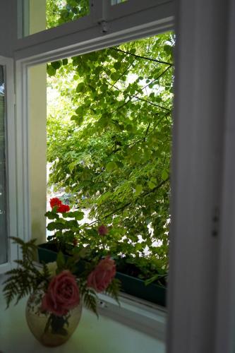 a window with a vase with flowers on a window sill at Cafe Alice & Pension GmbH in Potsdam