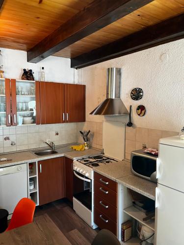 a kitchen with wooden cabinets and a stove top oven at Holiday house Vukelic in Mrkopalj