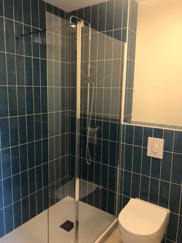une salle de bain avec une douche en verre et des toilettes dans l'établissement NAUZAN, à Vaux-sur-Mer