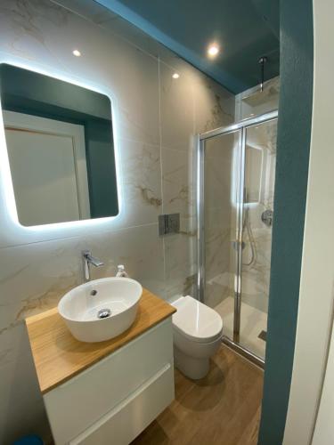 La salle de bains est pourvue d'un lavabo, de toilettes et d'un miroir. dans l'établissement Casa Corona Grossa, à Saluces