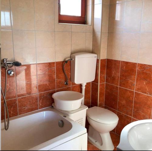 a bathroom with a toilet and a tub and a sink at Vikendica Drina Hill Loznica in Loznica