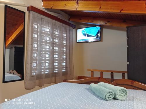 a bedroom with a bed and a flat screen tv at Bratis House in Vartholomio