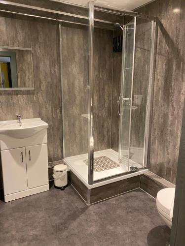 a bathroom with a shower and a toilet and a sink at The Residence - 47 Minto St in Edinburgh