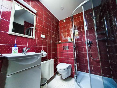 een rood betegelde badkamer met een douche en een toilet bij Waterfront Villa Artvė with sauna - self check-in in Pervalka