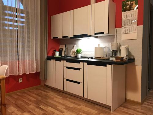 イェレニャ・グラにあるApartament Cieplickiの白いキャビネットと赤い壁のキッチン