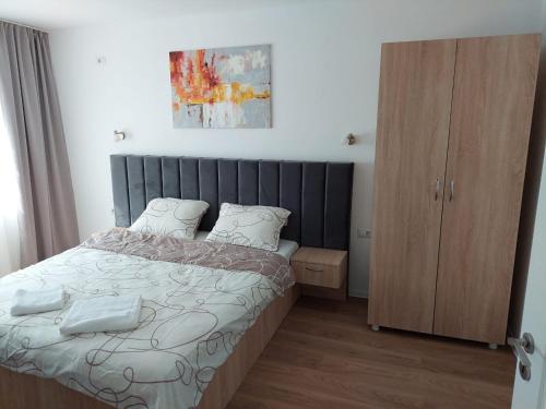 1 dormitorio con 1 cama y armario de madera en Ela's apartment, en Băile Herculane
