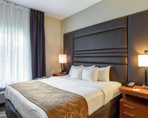 a hotel room with a large bed with a large headboard at Comfort Suites near Tanger Outlet Mall in Gonzales
