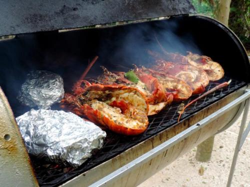 a bunch of food cooking on a grill at Tingalaya's Retreat in Negril