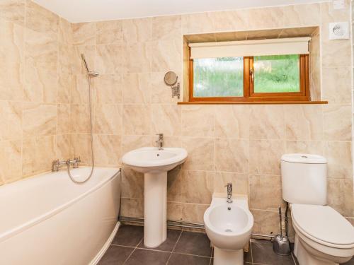 uma casa de banho com um lavatório, um WC e uma banheira em Wild Duck Lodge em Rufford