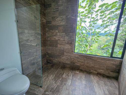 baño con ducha y aseo y ventana en HOTEL MADEIRA BOUTIQUE en Doradal