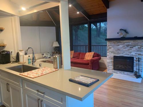 uma cozinha com lavatório e uma sala de estar com lareira em Rustridge Ranch & Winery em Santa Helena