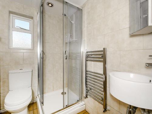 ein Badezimmer mit Dusche, Toilette und Waschbecken in der Unterkunft Creenagh's Cottage in Withypool