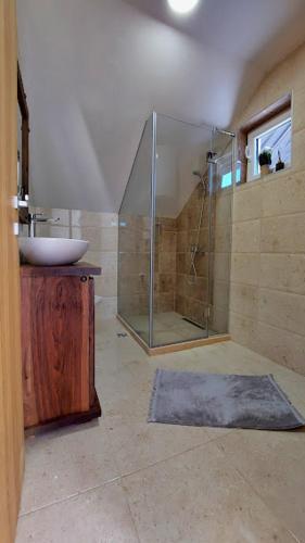a bathroom with a glass shower and a sink at Gazdinstvo Popovic,Kucka Korita-Podgorica in Podgorica