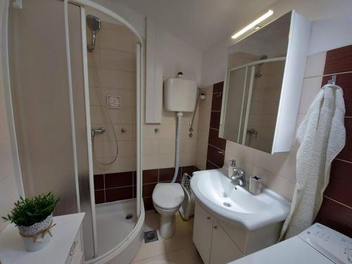y baño con lavabo, aseo y ducha. en Apartments by the sea Grebastica, Sibenik - 8333, en Grebaštica