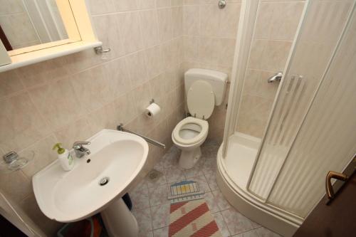 ein Bad mit einem Waschbecken, einem WC und einer Dusche in der Unterkunft Apartment Pasadur 8337g in Ubli