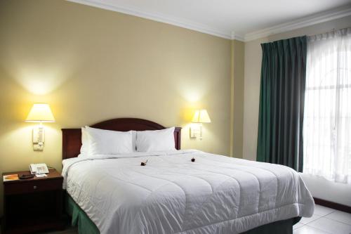 Una habitación de hotel con una cama grande y una ventana. en Hotel Mirador Plaza, en San Salvador