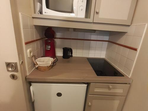 une petite cuisine avec un évier et un micro-ondes dans l'établissement Appartement avec parking, lave-linge et proche bus de Genève et domaines skiables - FR-1-517-62, à Chamonix-Mont-Blanc