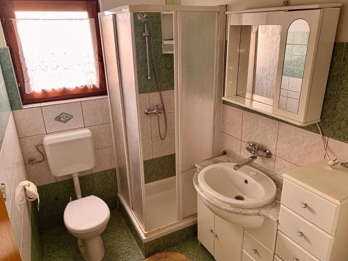 ein Bad mit einer Dusche, einem WC und einem Waschbecken in der Unterkunft Apartments by the sea Kukljica, Ugljan - 8293 in Kukljica