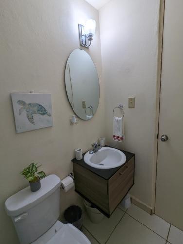 a bathroom with a toilet and a sink and a mirror at Beautiful Ocean Front Villa in Aguada