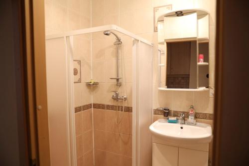 a bathroom with a shower and a sink at Sea&Sand apartments in Juodkrantė