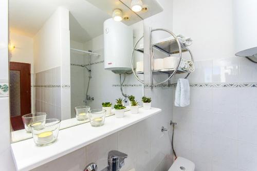 ein Badezimmer mit einem Regal mit Gläsern und Pflanzen in der Unterkunft Apartments with a parking space Stari Grad, Hvar - 8708 in Stari Grad