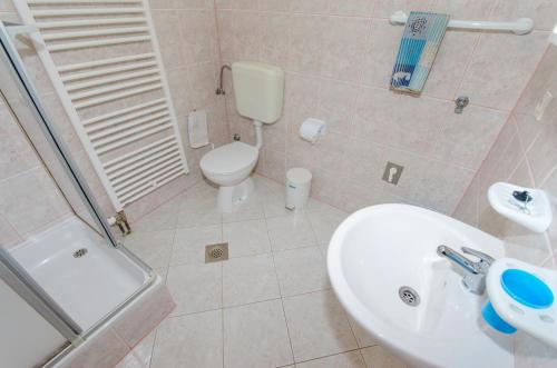 ein Bad mit einem WC, einem Waschbecken und einer Dusche in der Unterkunft Apartment Okrug Gornji 8440c in Trogir