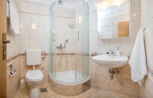 La salle de bains est pourvue d'une douche, de toilettes et d'un lavabo. dans l'établissement Apartments and rooms with parking space Rogoznica - 10339, à Rogoznica