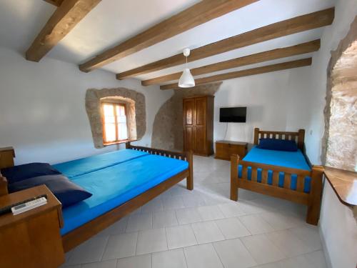 een slaapkamer met 2 bedden en een televisie bij Holiday house with a swimming pool Vrbanj, Hvar - 11040 in Vrbanj