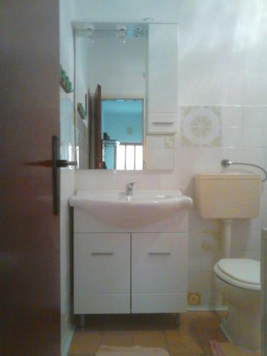 a bathroom with a sink and a toilet and a mirror at Apartments with parking space Maslenica, Novigrad - 11089 in Maslenica