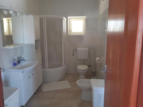 ein Bad mit einem Waschbecken, einem WC und einer Dusche in der Unterkunft Apartments with a parking space Lukoran (Ugljan) - 11203 in Lukoran