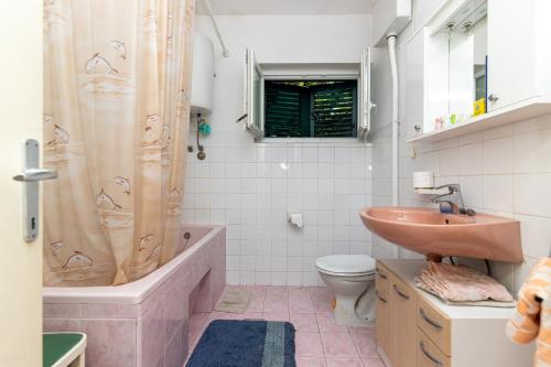 ein Bad mit einem Waschbecken, einem WC und einer Dusche in der Unterkunft Apartments with a parking space Supetar, Brac - 11278 in Supetar