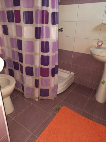 a bathroom with a toilet and a shower curtain at Pensiunea Ira Jurilovca in Jurilovca