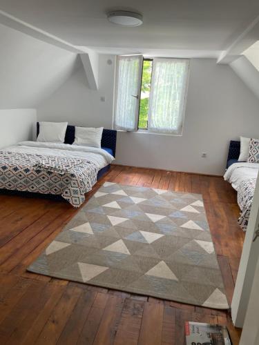 Krupanj的住宿－Kucica Djukanovic Dobri Potok，客厅配有两张床和地毯。