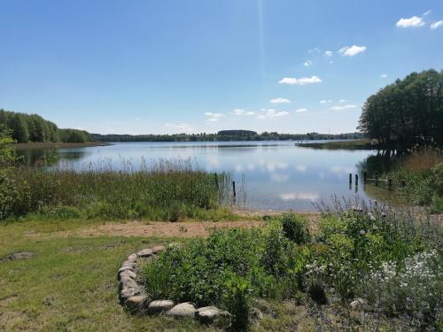 a view of a lake with a rock circle at Kasztanowe Wrota in Kosewo