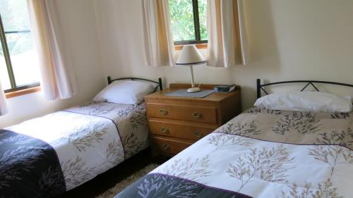a bedroom with two beds and a lamp on a dresser at Ravensbourne Escape - Cedar Lodge in Ravensbourne