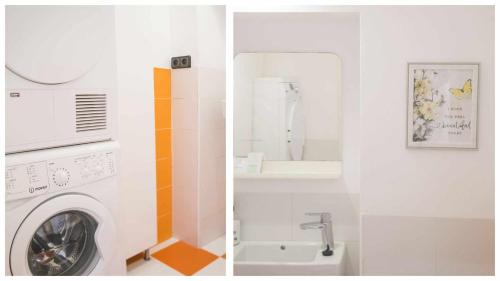 a laundry room with a washing machine and a mirror at The Magic Place Dúplex junto a la Catedral by Toledo AP in Toledo