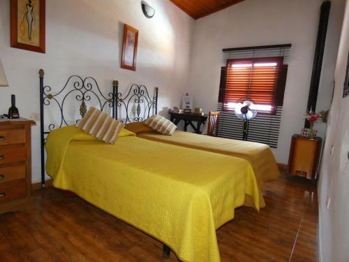 ein Schlafzimmer mit einem Bett mit gelber Bettwäsche und einem Fenster in der Unterkunft Casa Goliath in Isora