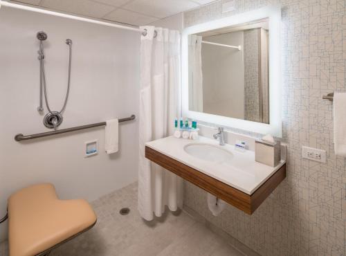 uma casa de banho com um lavatório, um espelho e um chuveiro em Holiday Inn Express & Suites Springfield, an IHG Hotel em Springfield