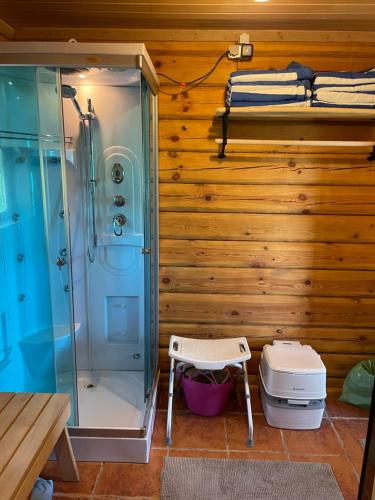 een badkamer met een douche in een houten muur bij Vila Paradise Bay in Smalvos